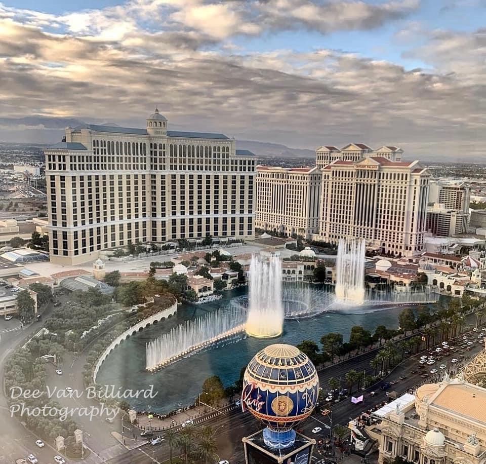 A photo of the Bellagio's famous water fountains from a hotel window in Las Vegas.
