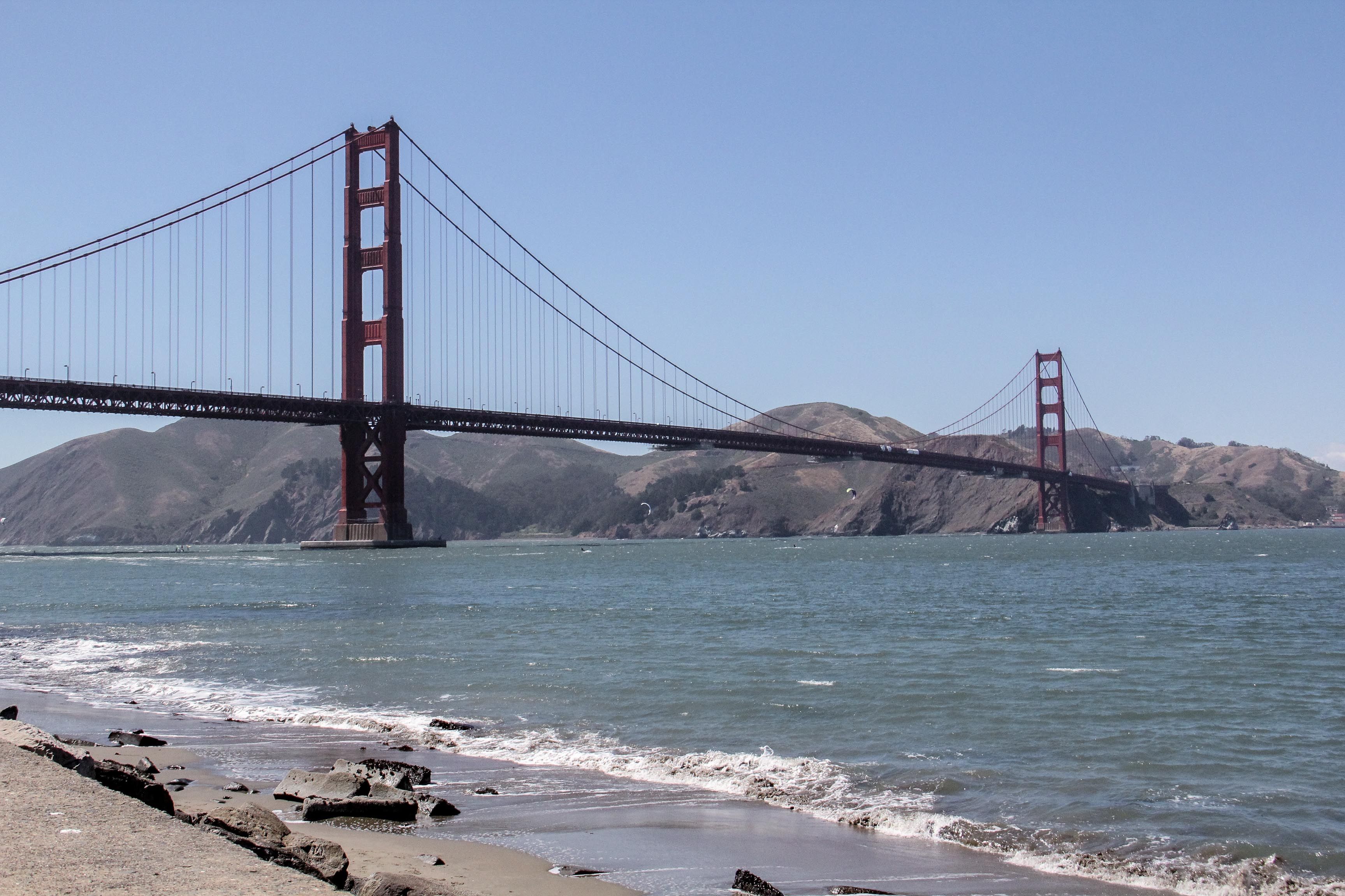 A view of the Golden Gate Bridge over the waters of the San Francisco Bay.