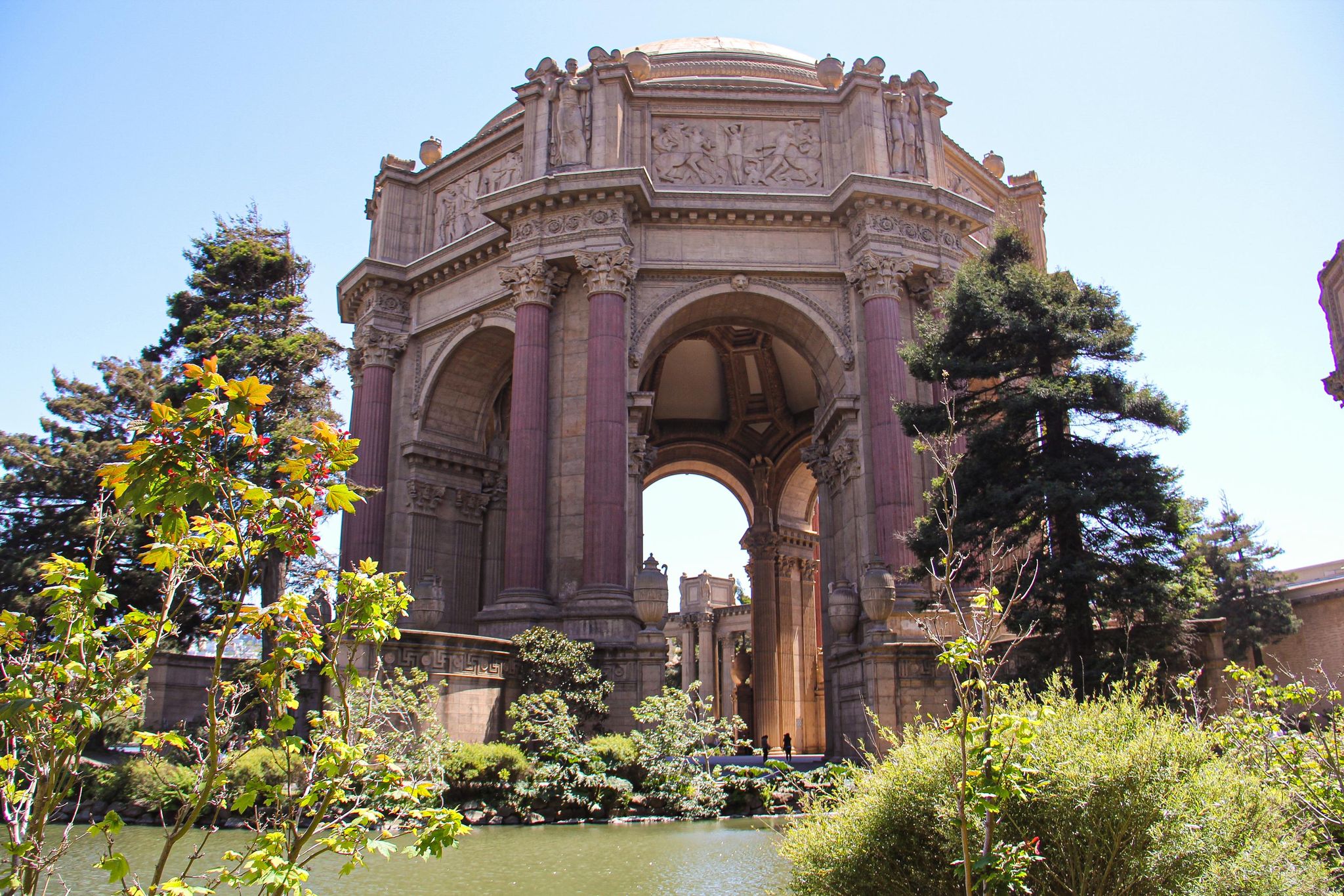 A closer view of the palace of fine arts displaying its old-fashioned architecture.
